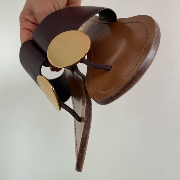 Tory Burch Patos DisK Flat Sandal Slip On Thong Leather Brown Goldtone Open Toe - Picture 8 of 12